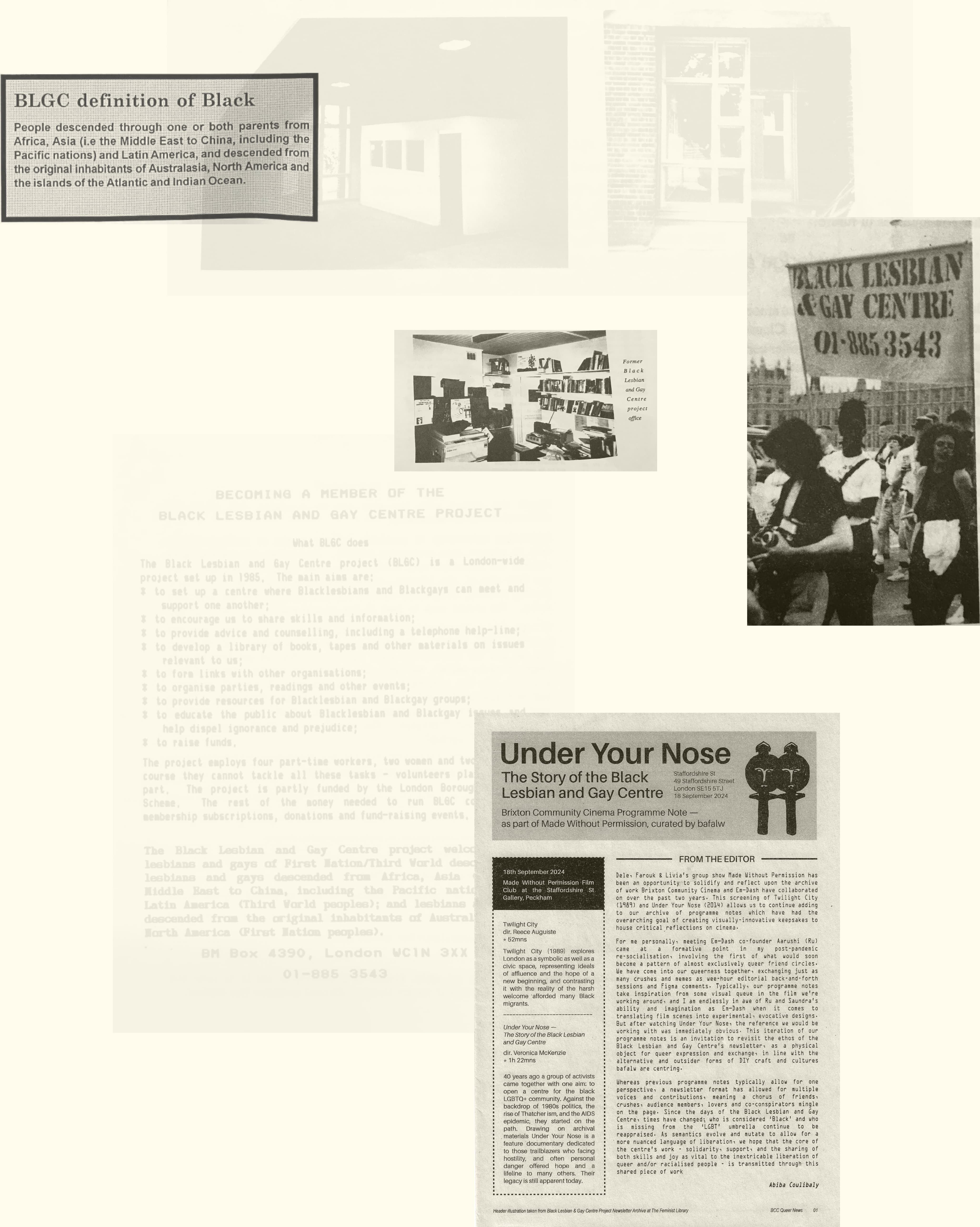 Collage featuring Black Lesbian and Gay Centre newsletter and Under Your Nose documentary